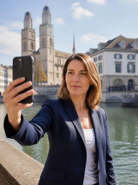 Frau auf der Uferpromenade an der Limmat in Zürich, vor dem Grossmünster, hält das Smartphone für die Online-Identifikation vor ihr Gesicht